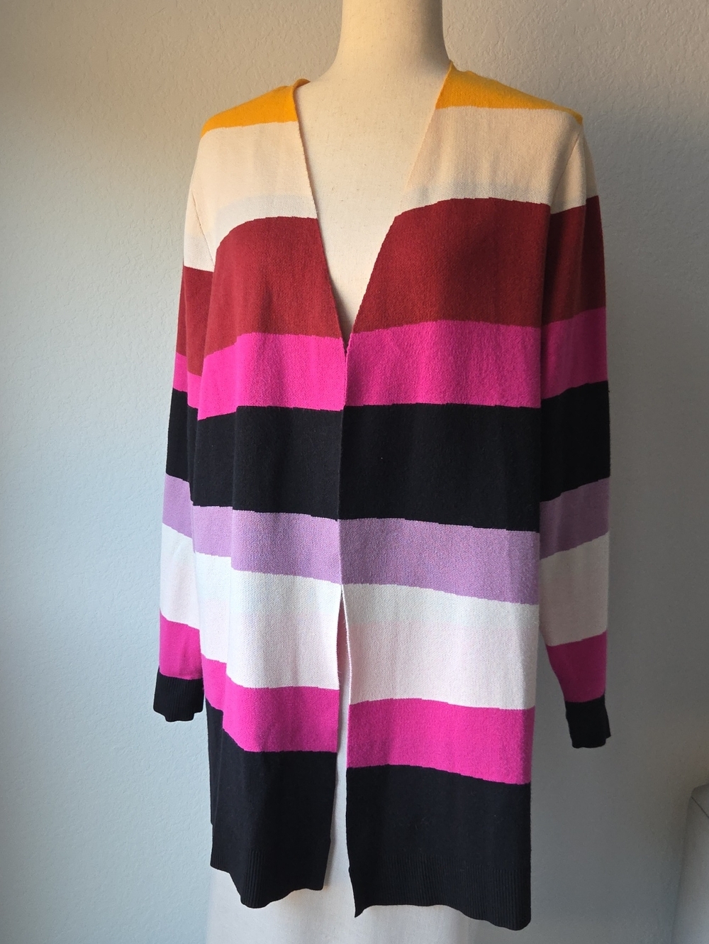 Lane Bryant Open Striped Cardigan Pink, Black, Cream, Purple Gold Block Long